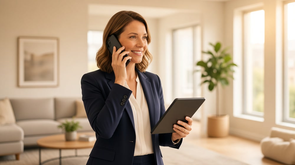 A real estate agent taking a call in a staged home.