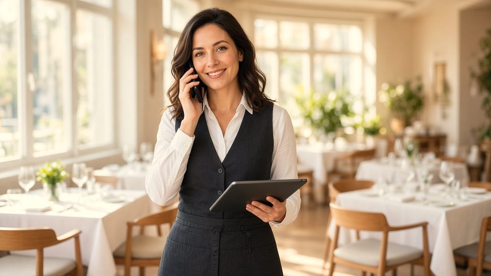 A smiling restaurant server on a phone call, holding a tablet, in a bright sit-down dining room.